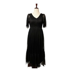 NWT Black Dress Day Dotted Tulle Smocked Maternity Midi Dress Size L